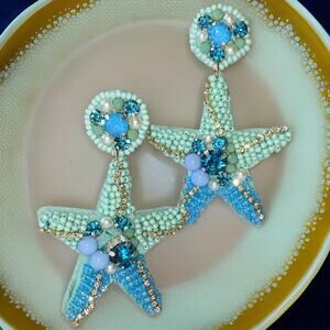 New Beaded Blue Mermaid‎ Star fish Jewel Earrings Starfish Gold Handmade Pearl